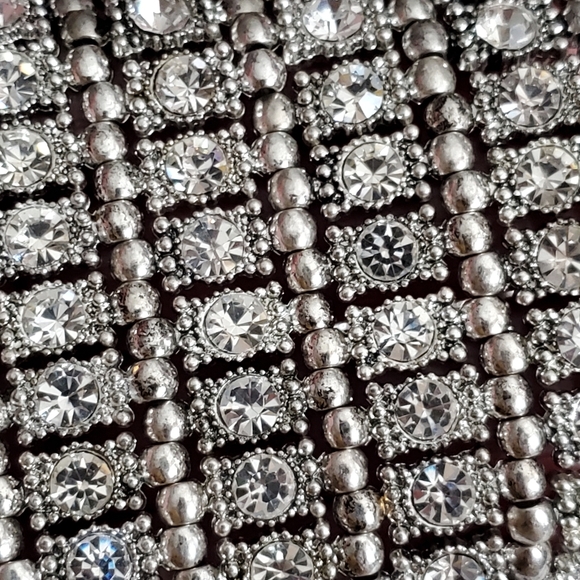 RHINESTONES cuff Bracelet stretch HUGE 5 rows silver beads heavy statement - Picture 10 of 10